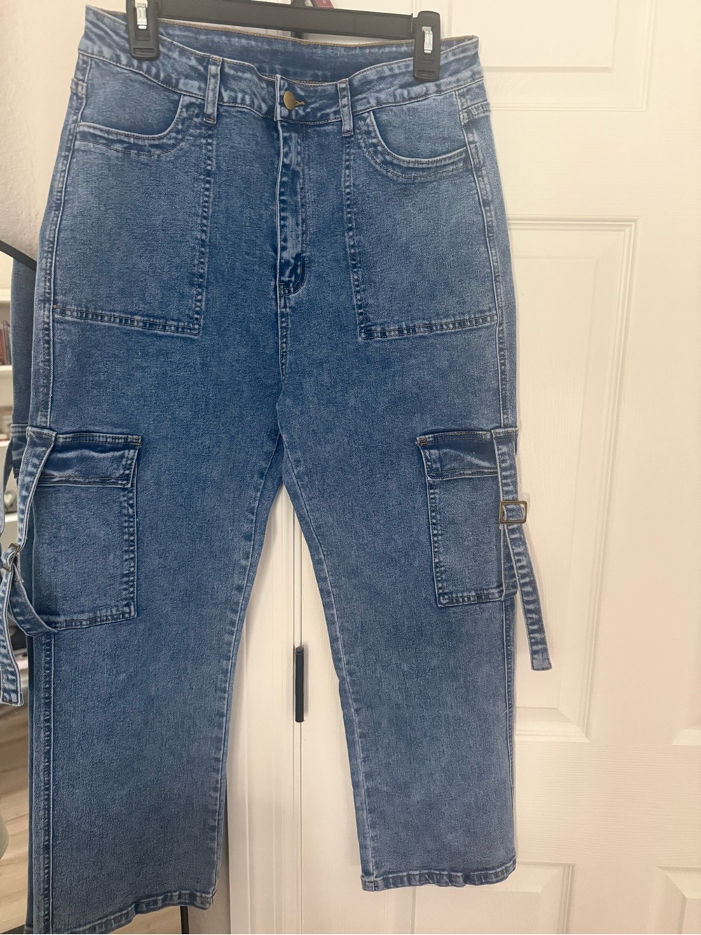 High-Rise Blue Denim Cargo Jeans for Women